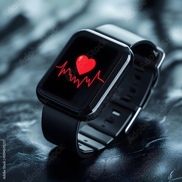 Fototapeta A sleek smartwatch displaying a heart rate monitor with a red heart symbol on a dark background, emphasizing health technology and fitness tracking.