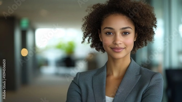 Fototapeta A confident young woman with curly hair stands with arms crossed in a sleek office environment. Natural light illuminates the space, enhancing her professional demeanor