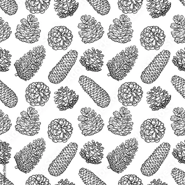 Fototapeta Line art conifer cones pattern. Black and white graphic outline illustration, wrap paper