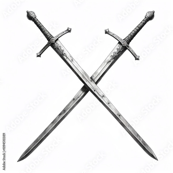 Obraz A simple pencil drawing of a set of medieval metal swords, in black and white.