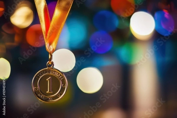 Fototapeta Close-up golden first-place medal with ribbon under vibrant lights