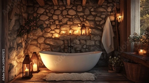 Obraz Romantic Rustic Bathroom with Stone Wall, Candles, and Freestanding Tub