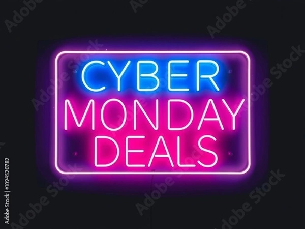 Fototapeta Hyper realistic photo of a Light Blue CYBER MONDAY DEALS Neon Sign on an elegant Dark Background, isolated on white background, copy space,  stock photo,  sale