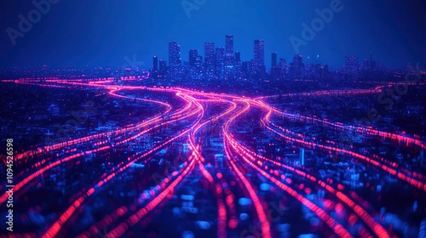 Obraz City skyline illuminated by glowing traffic streams during nightscape photography. Generative AI