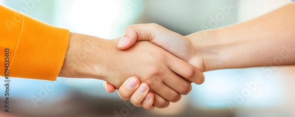 Fototapeta Two hands shaking, symbolizing agreement or partnership in a professional context.