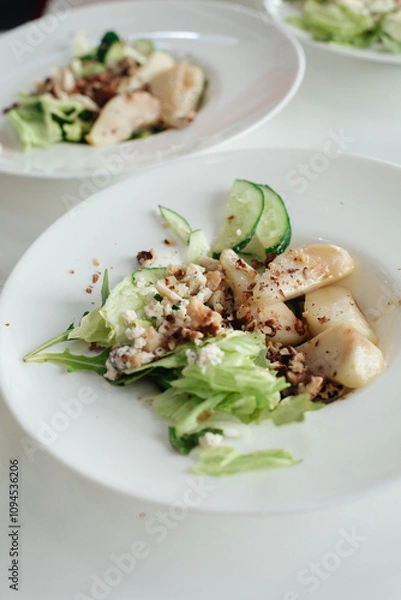 Fototapeta Salad with blue cheese, pears, nuts, chard and arugula