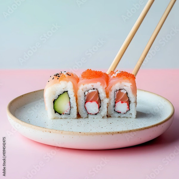 Fototapeta A vibrant plate of sushi rolls featuring colorful ingredients, elegantly presented with chopsticks on a soft pink background.
