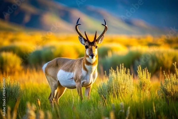 Fototapeta Pronghorn Antelope in a Grassy Meadow: Capturing the Beauty of Nature with Architectural Elements in the Background, Highlighting Wildlife in a Natural Setting