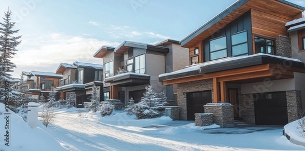 Fototapeta In this image, houses are coated in snow on a sunny day, which can be used to depict winter scenes or seasonal holidays.