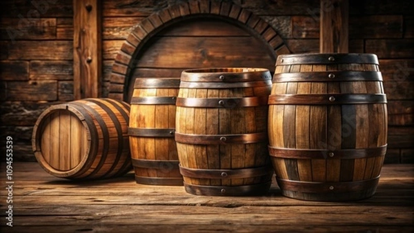Fototapeta Set of Exquisite Wooden Oak Barrels Cut Out on a Rustic Wooden Background, Perfect for Wine, Brewery, and Distillery Themes, Showcasing Natural Textures and Timeless Craftsmanship