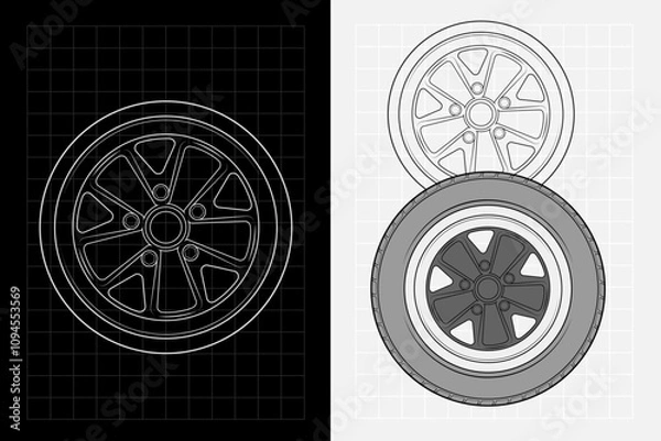 Fototapeta Car Rims Outline Wheels Vector Image Line Art