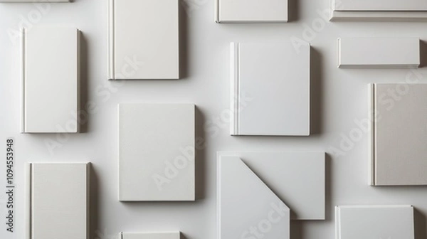 Fototapeta Collection of blank hardcover books in various sizes and orientations isolated on a minimalist background creating a clean and modern aesthetic