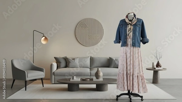 Fototapeta A photo of a minimalist living room with a futuristic fashion backdrop.