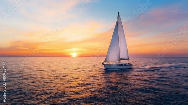 Fototapeta Freedom expression and symbolic, A serene sailboat glides across the ocean at sunset, creating a picturesque scene with vibrant colors reflecting on the water.