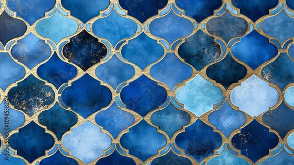 Obraz Elegant mosaic of blue and gold tiles in a seamless pattern, creating a luxurious and decorative background with a vintage feel.