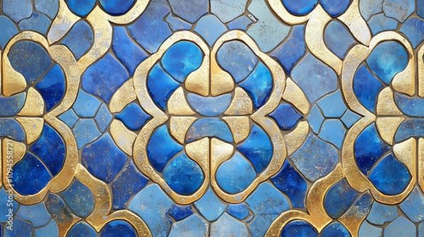 Fototapeta Elegant mosaic of blue and gold tiles in a seamless pattern, creating a luxurious and decorative background with a vintage feel.