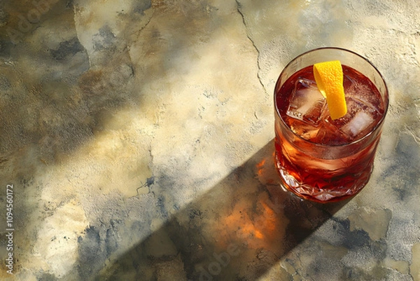Fototapeta Negroni Cocktails with Orange Twist Set Against a Textured Stone Background_