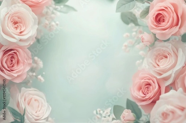 Fototapeta Beautiful arrangement of roses and leaves creating a soft and romantic backdrop for events