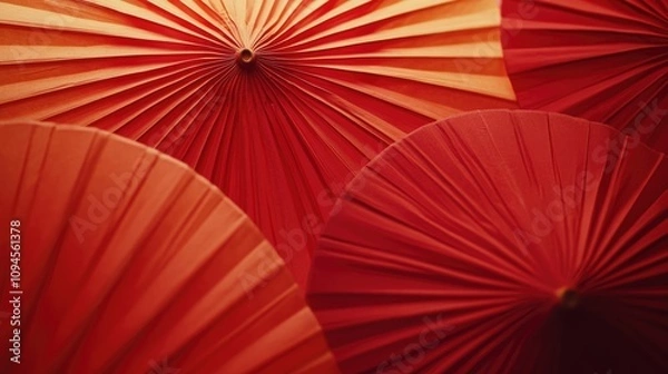 Obraz Vibrant close-up of decorative red paper lanterns showcasing intricate pleats and textures, ideal for festive celebrations and cultural events.