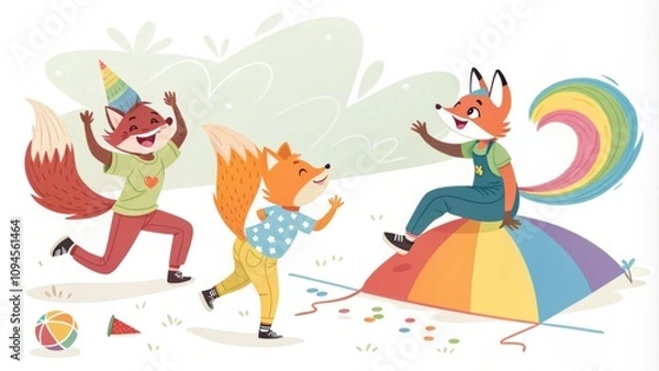 Fototapeta Colorful tails and ears sway as participants practice their coordination skills embracing joyful antics and spontaneous movements that inspire laughter.