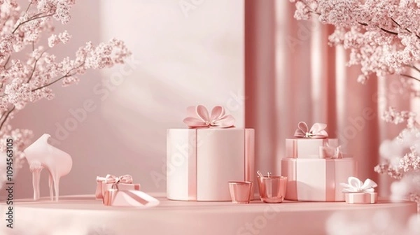 Obraz Pink gift boxes and cherry blossoms creating a romantic atmosphere