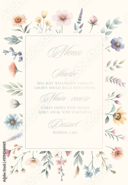 Fototapeta Delicate watercolor wedding invitation card background with flower and botanical leaves. Abstract art background vector design for wedding and vip cover template.