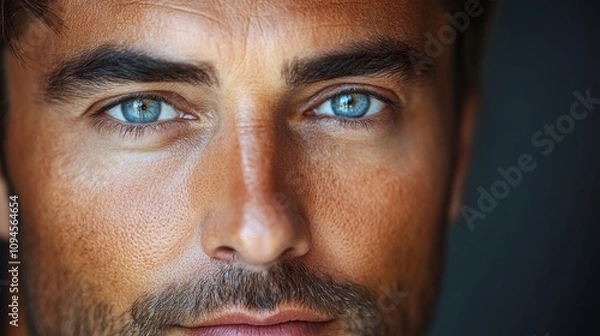 Obraz Man with a beard and blue eyes. The man has a blue eye shadow on his eye