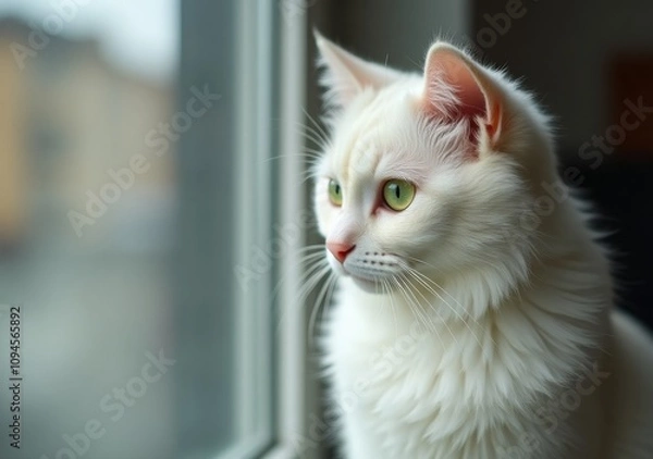 Fototapeta White cat gazes out of a window on a rainy day, observing the world with bright eyes