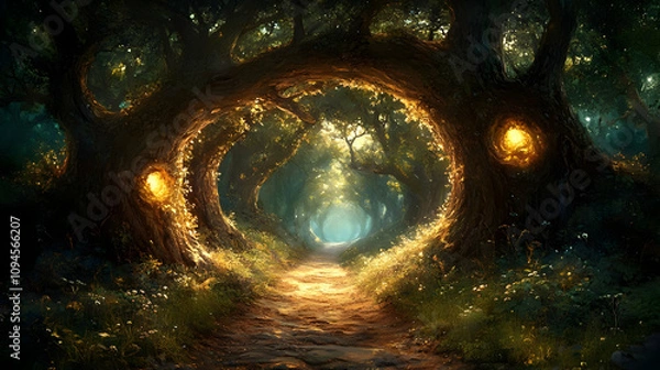 Obraz Enchanted Forest Path - Glowing Tree Trunks Illustration
