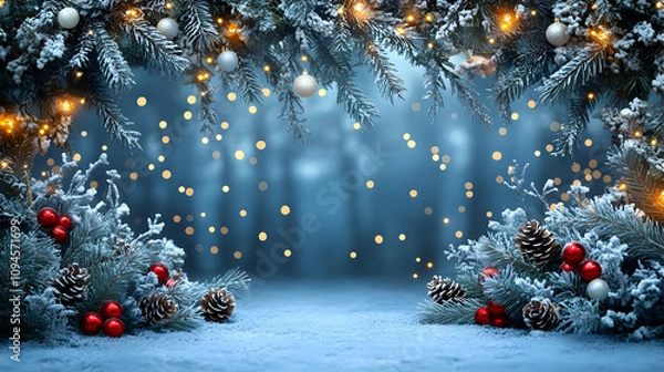 Fototapeta Snowy Christmas Tree Branches with Lights and Ornaments - Background Illustration