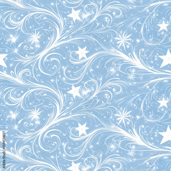 Obraz Christmas pattern snowflakes ornament in light blue, white colors. Winter background with stars, swirls textures. Perfect as wrapping paper, Digital paper, packaging, fabric textile, wallpaper