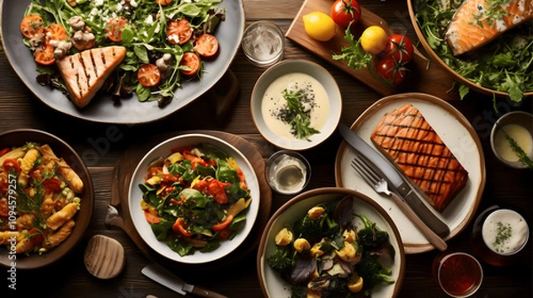 Fototapeta Western food includes juicy salmon steak, perfectly cooked salmon fillet, truffle pasta, salad and colorful grilled vegetables with fresh herbs on the dining table.