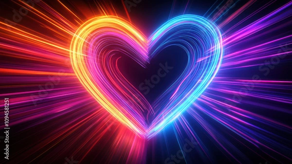 Fototapeta Colorful light rays forming neon heart shape