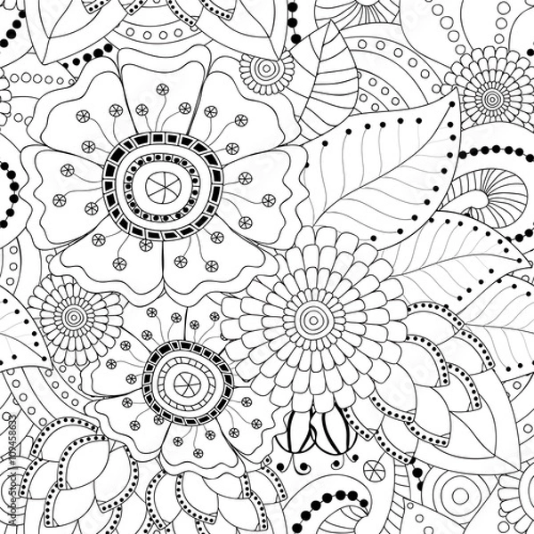 Fototapeta stock vector seamless doodle black and white floral pattern. ori
