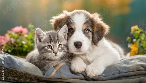 Fototapeta Adorable puppy and kitten snuggling together in a warm, loving embrace, showcasing a heartwarming moment of affection and companionship between two furry best friends. wiÄ™cej treÅ›ci