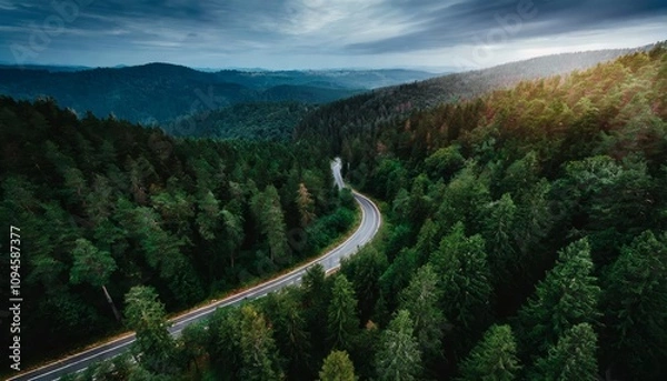 Fototapeta Aerial Top View of a Serpentine Mountain Road Winding Through a Dense, Lush Dark Green Forest, Highlighting the Natural Beauty of Untouched Wilderness and Scenic Landscapes From Above