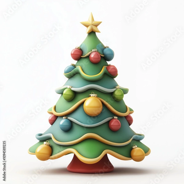 Fototapeta Christmas tree on a white background with colorful ornaments and a star on top, 3D style