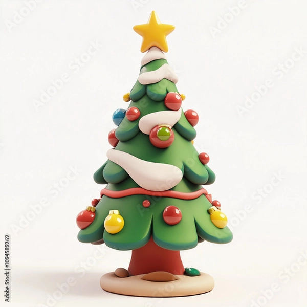 Fototapeta Christmas tree on a white background with colorful ornaments and a star on top, 3D style