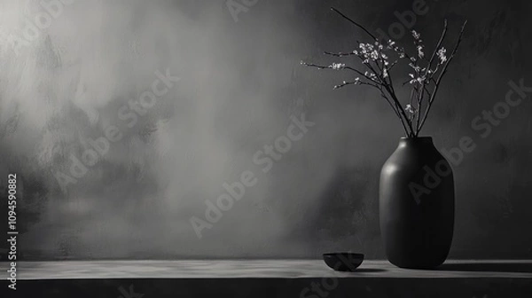 Fototapeta Minimalist still life with a black ceramic vase holding delicate branches against a textured gray background. Elegant and serene. AI generative.
