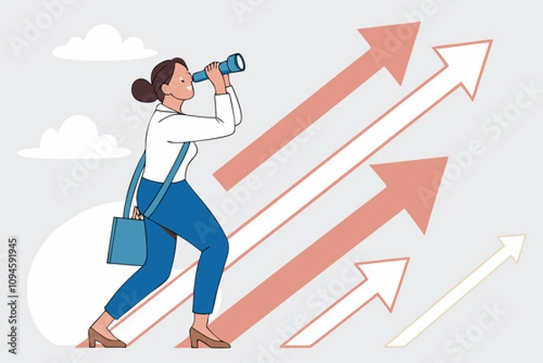 Fototapeta Searching for Growth Opportunity, Vision to Look and See Future, Challenge Ahead or Motivation to Grow Business Concept, Businesswoman on Arrows Look Through Binoculars to Find Business Opportunity
