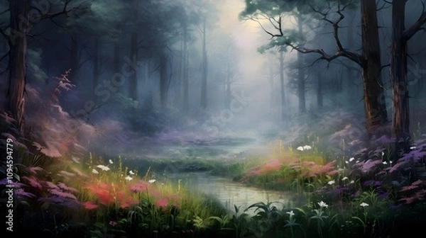 Fototapeta Acrylic Painting Vibrant Autumn Forest with Calm River, Colorful Fall Foliage Reflection, Serene Nature Landscape, Misty Sunrise in the Woods, HD Fantasy Scenic Wallpaper