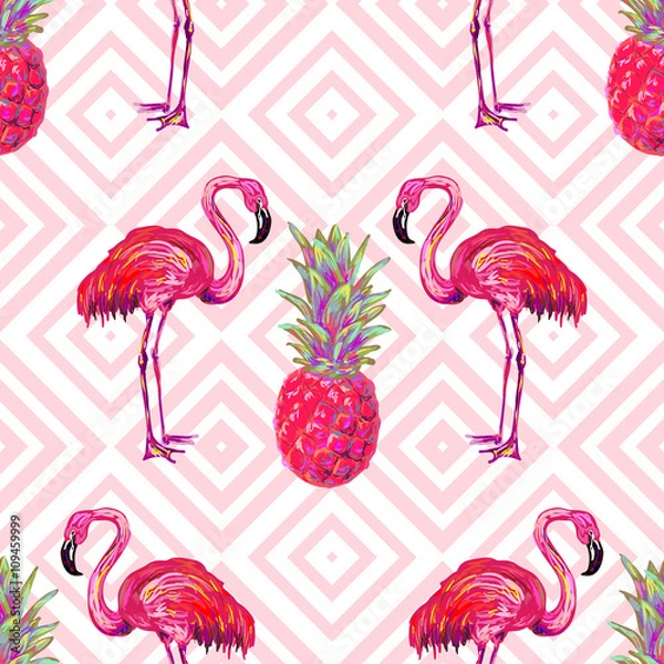 Obraz Bezszwowe lato tropikalny wzór z flamingo i ananas tło wektor. Idealny do tapet, wypełnień deseniem, tła stron internetowych, tekstur powierzchni, tekstyliów