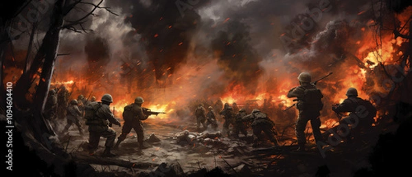 Fototapeta Army at war illustration, military soldiers in action, combat, strategy, battlefield, armed forces, conflict.