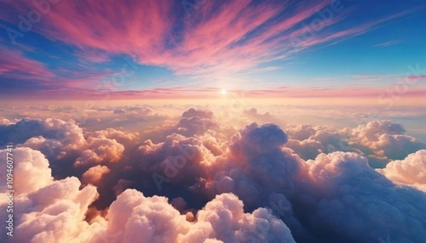 Fototapeta Magnificent aerial view of the sky during sunset showcasing a stunning cloudscape with soft pink hues blending into the serene blue sky, creating a breathtaking and peaceful atmosphere.
