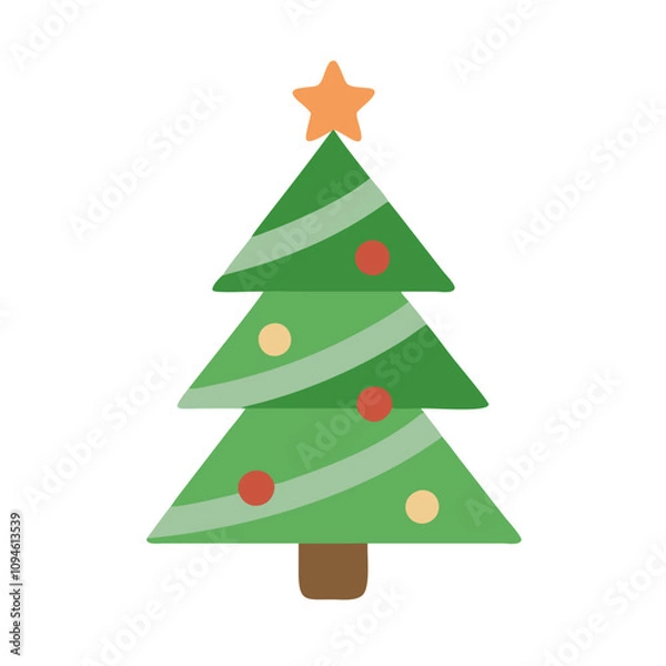 Fototapeta Bright green Christmas tree adorned with colorful ornaments and topped with a star during the festive holiday season