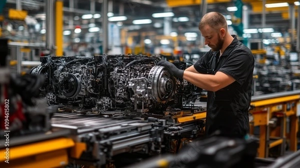 Obraz A Factory Worker Assembling Automobile Engines on a Production Line
