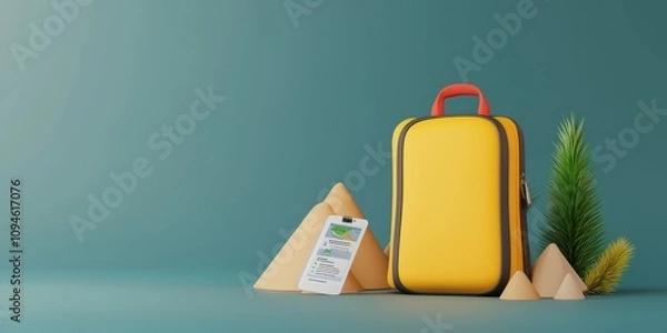 Fototapeta A vibrant yellow suitcase sits beside geometric pyramids and greenery against a teal backdrop, suggesting travel and adventure.
