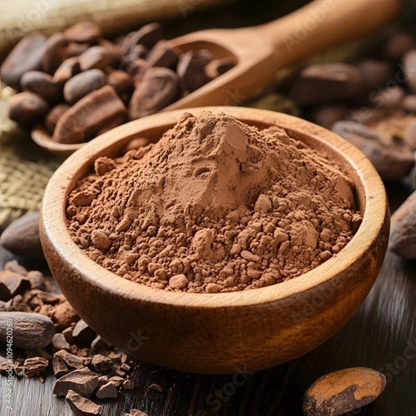 Fototapeta Cocoa powder in a bowl and cocoa beans in a wooden spoon.