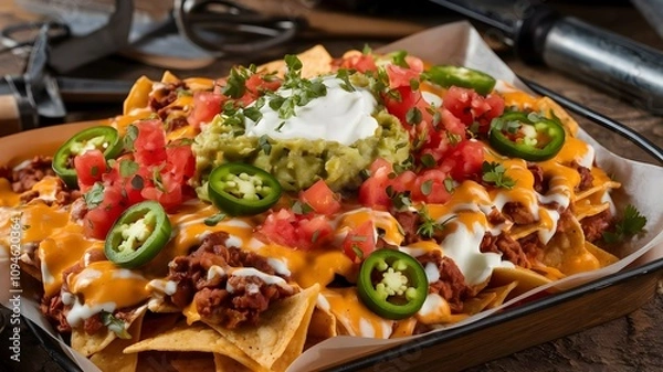 Fototapeta Crispy nachos loaded with melted cheese, guacamole, sour cream, jalapeños, and tomatoes served on baking tray with garnish