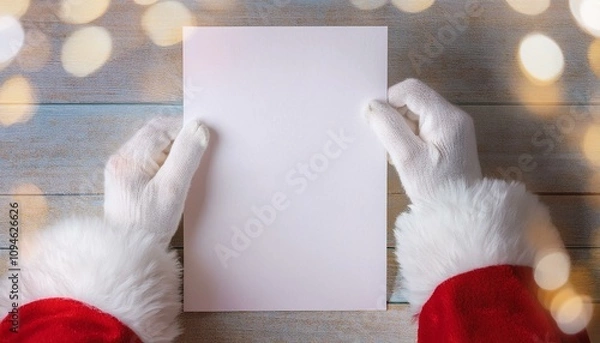 Fototapeta Santa's hands in white gloves holding a white card. Christmas background. Free space for text. New Year postcard.  Flat lay.